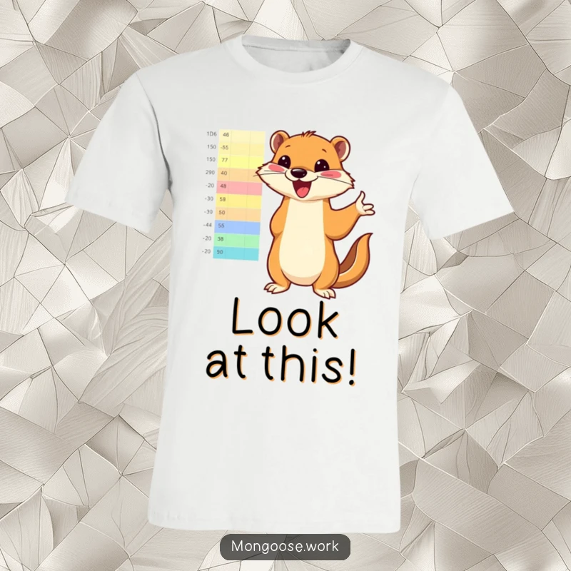 Funny mongoose enthusiastically pointing to a bright, colorful chart on a t-shirt, representing driven presentation and cheerful data sharing.