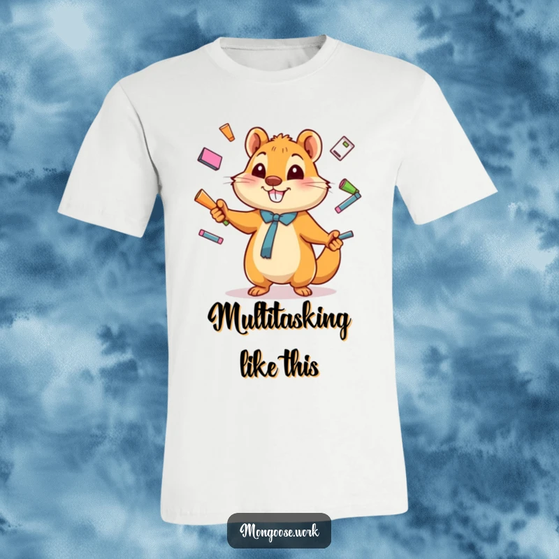 Funny T-Shirt depicting a happy cartoon mongoose juggling office supplies like pens and staplers, embodying productive humor.