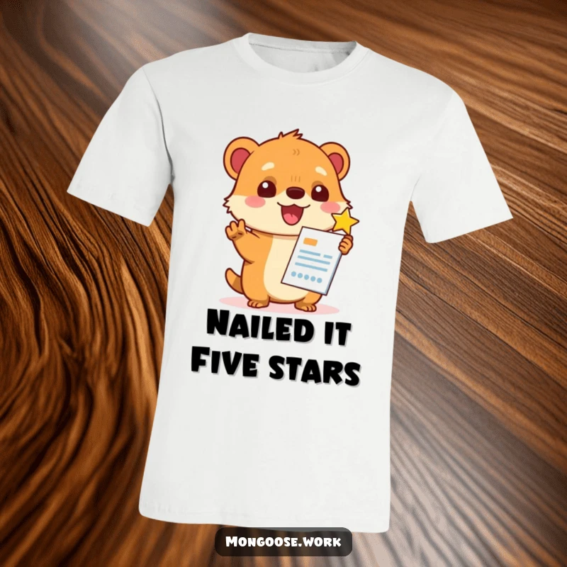 Funny Kawaii mongoose character enthusiastically giving a report a perfect star rating, ideal for a t-shirt celebrating success.