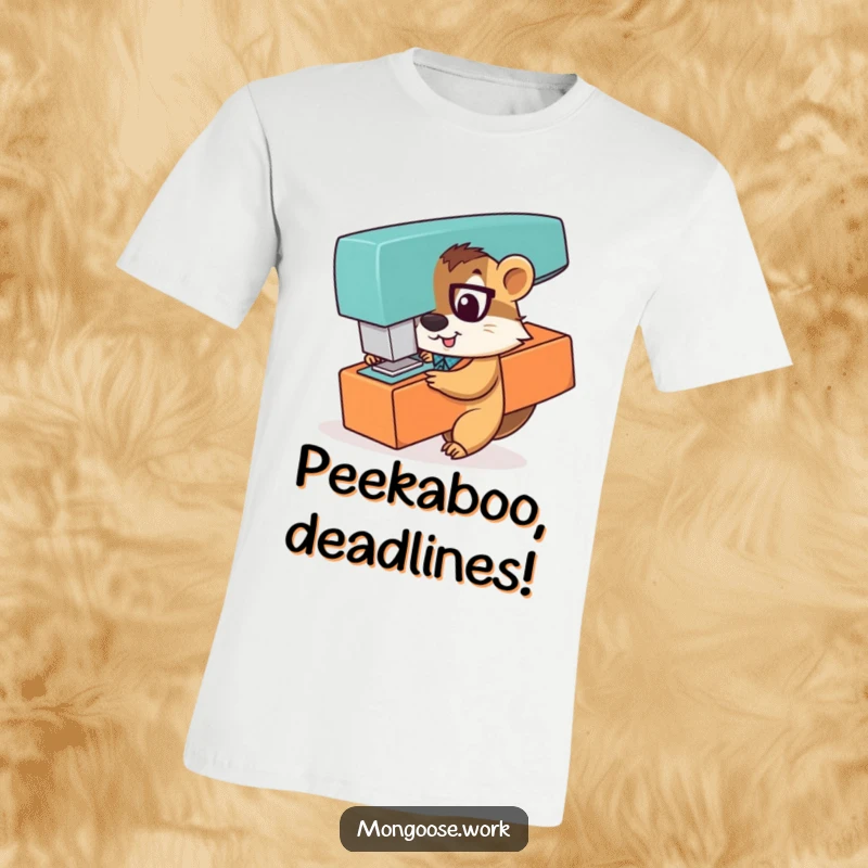 Funny t-shirt featuring a playful mongoose office worker peeking mischievously from behind an oversized stapler, ready for hide-and-seek.
