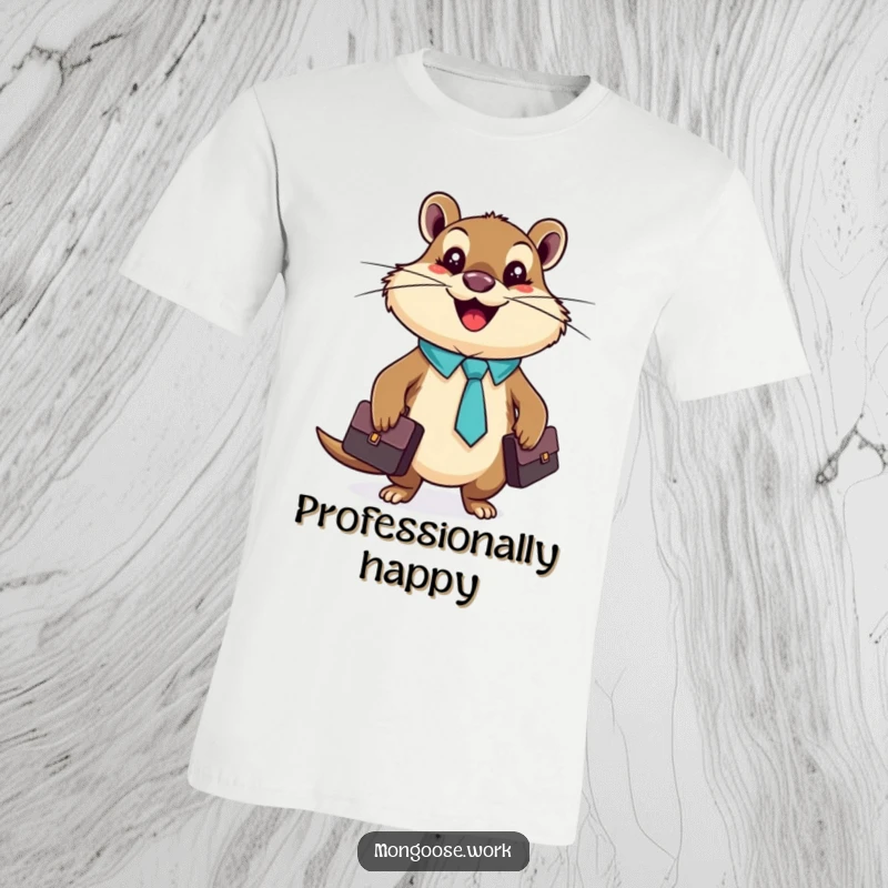 Funny mongoose character in a tiny tie holding a briefcase, on a humorous t-shirt.