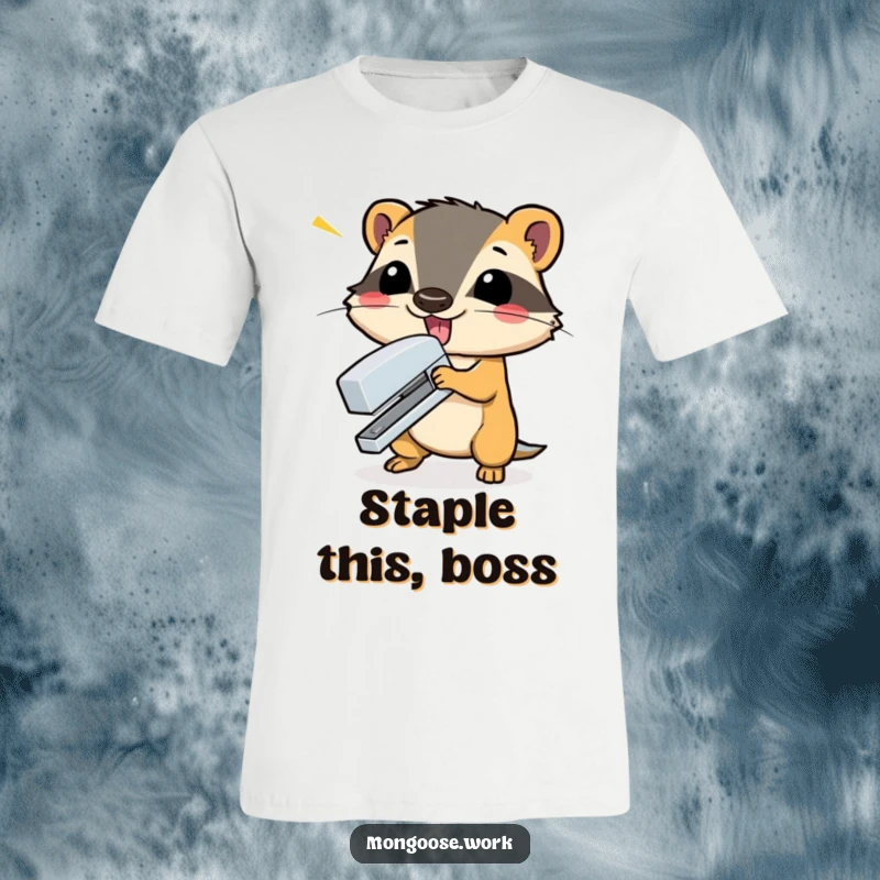 Funny mongoose dramatically closing a stapler with a flourish on a t-shirt, a symbol of office power and comedic action.
