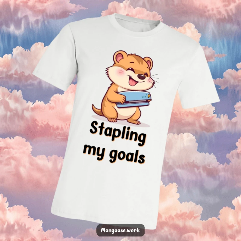 Funny t-shirt depicting a cute mongoose energetically using a stapler with a big grin, illustrating a joyful and productive office worker.