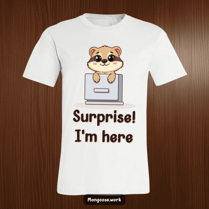 Funny t-shirt depicting a cute mongoose popping out of a filing cabinet with wide eyes, perfect for those who appreciate surprises.
