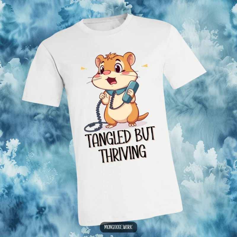 Funny t-shirt featuring a surprised mongoose office worker hopelessly tangled in a phone cord, looking comically bewildered and stuck.