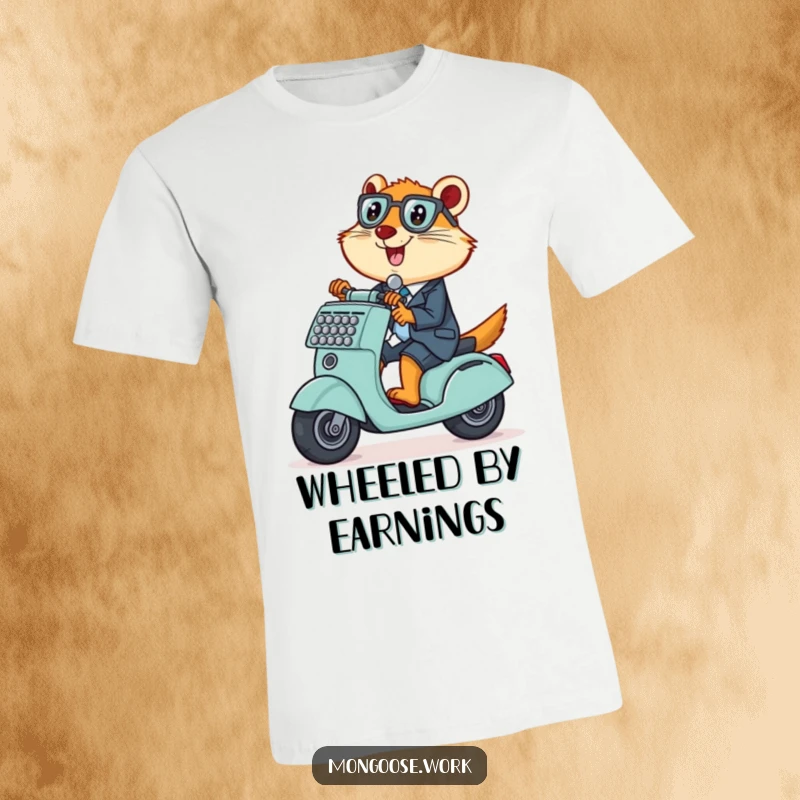 Funny Mongoose T-Shirt, a mischievous office worker riding an adding machine as a scooter, conveying playful energy.