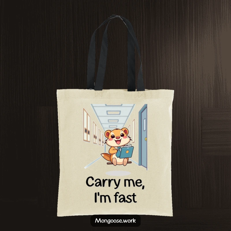 Funny Mongoose Tote Bag, a happy office worker sliding down a hallway on a file folder, ideal for carrying essentials.
