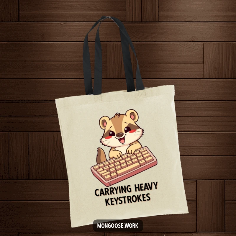 Funny Kawaii mongoose tote bag, featuring an excited mongoose typing on a large keyboard, a fun and practical accessory.