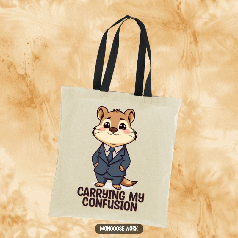 Funny Business Mongoose Tote Bag: A baffled mongoose in a business suit, ready to carry your stuff with confused charm, a funny gift.