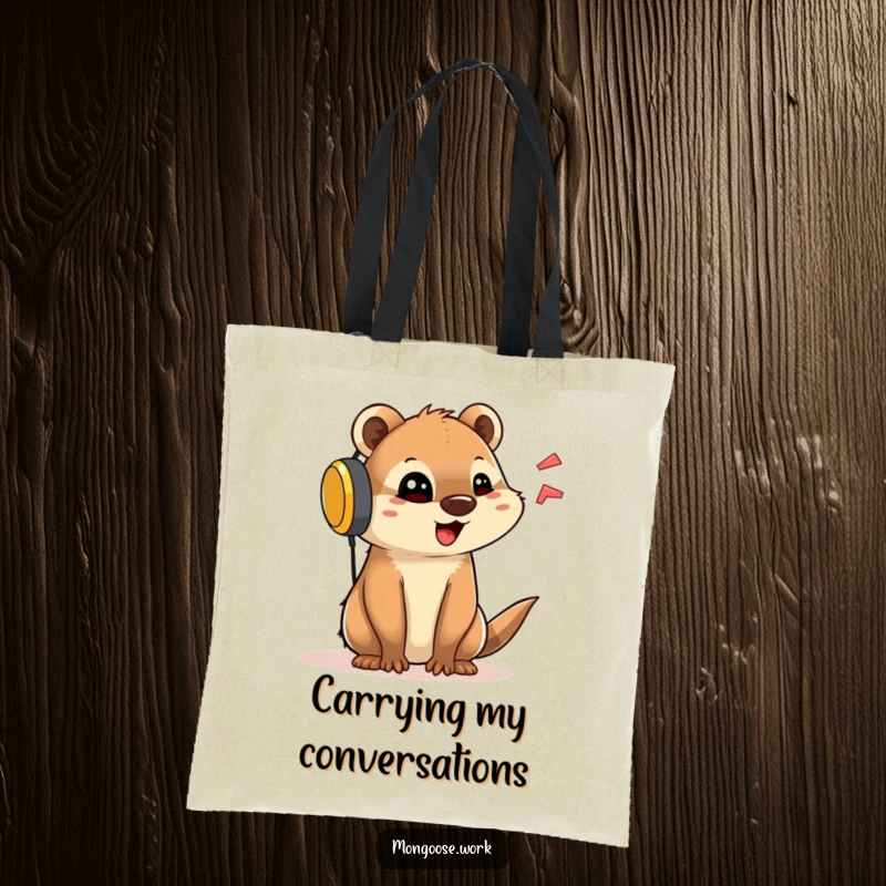 Funny tote bag with a cute mongoose wearing a large headset, talking animatedly, ideal for carrying items and making connections.