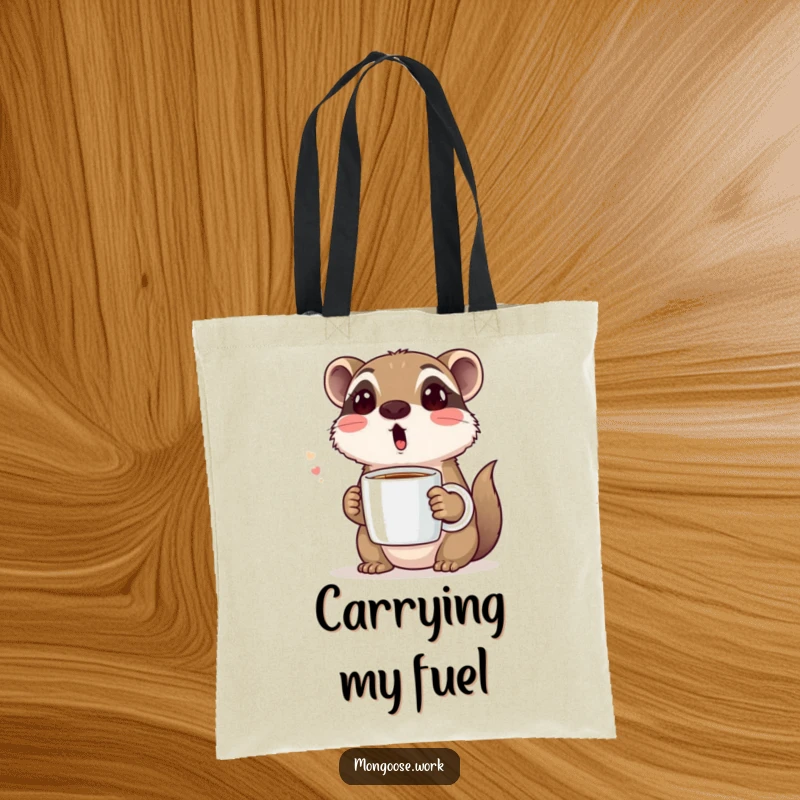 Funny tote bag with a cute mongoose making a surprised face while holding a coffee mug, showcasing a humorous reaction to morning beverages.