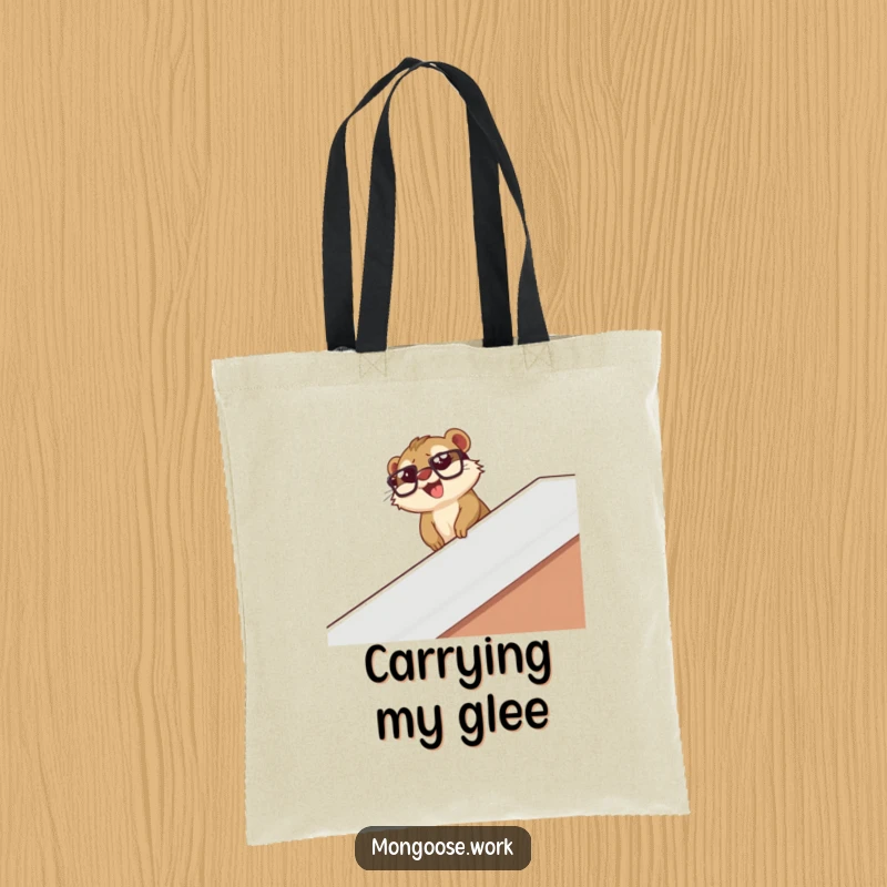 Funny mongoose wearing glasses slides down a desk banister with glee, printed on a durable tote bag.