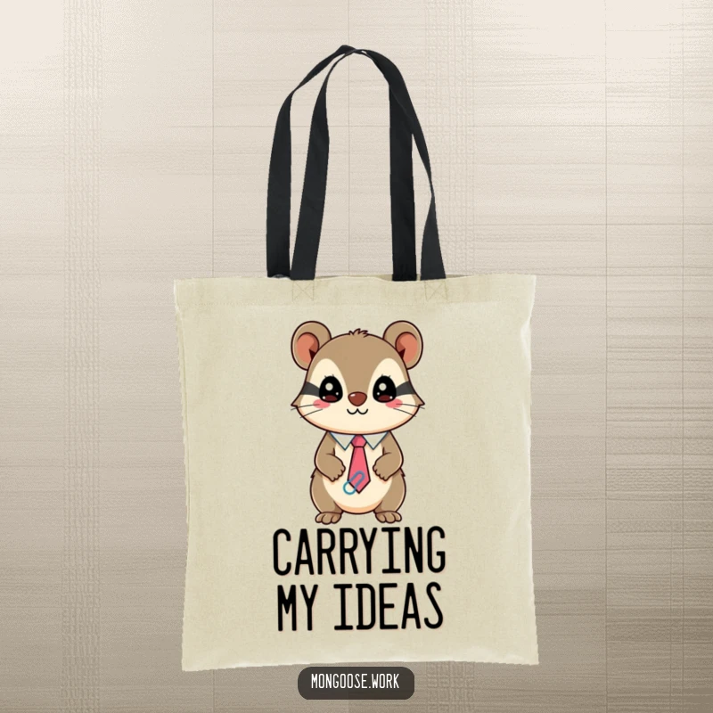 Funny Kawaii mongoose tote bag featuring a mischievous character with a paperclip tie, practical and humorous.