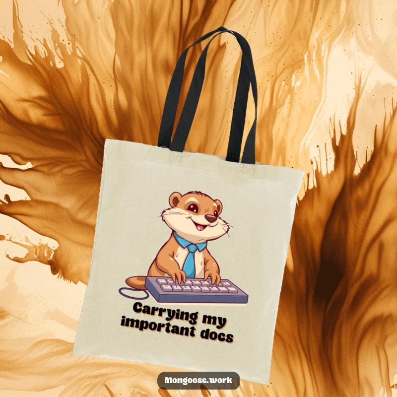Funny mongoose in a tie enthusiastically typing on a keyboard with a smile, printed on a durable tote bag.