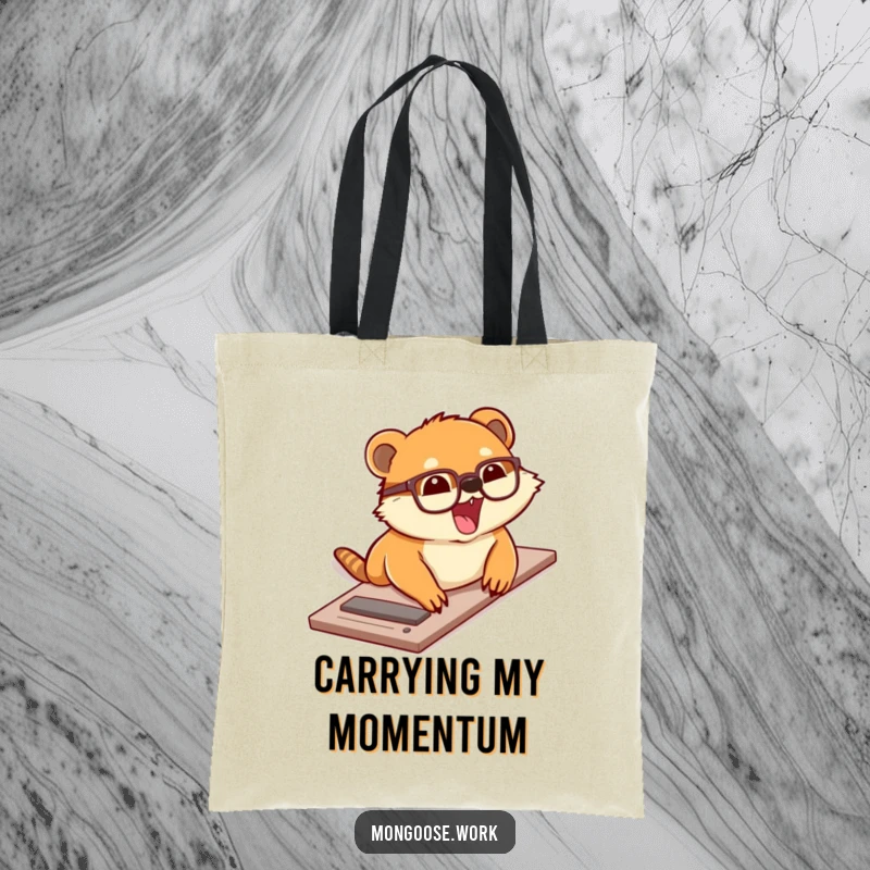 Funny tote bag with a cute mongoose wearing glasses sliding down a desk with excitement, ideal for carrying daily items with flair.