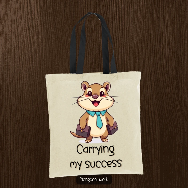 Funny mongoose with a tie and briefcase, carrying essentials, printed on a funny tote bag.