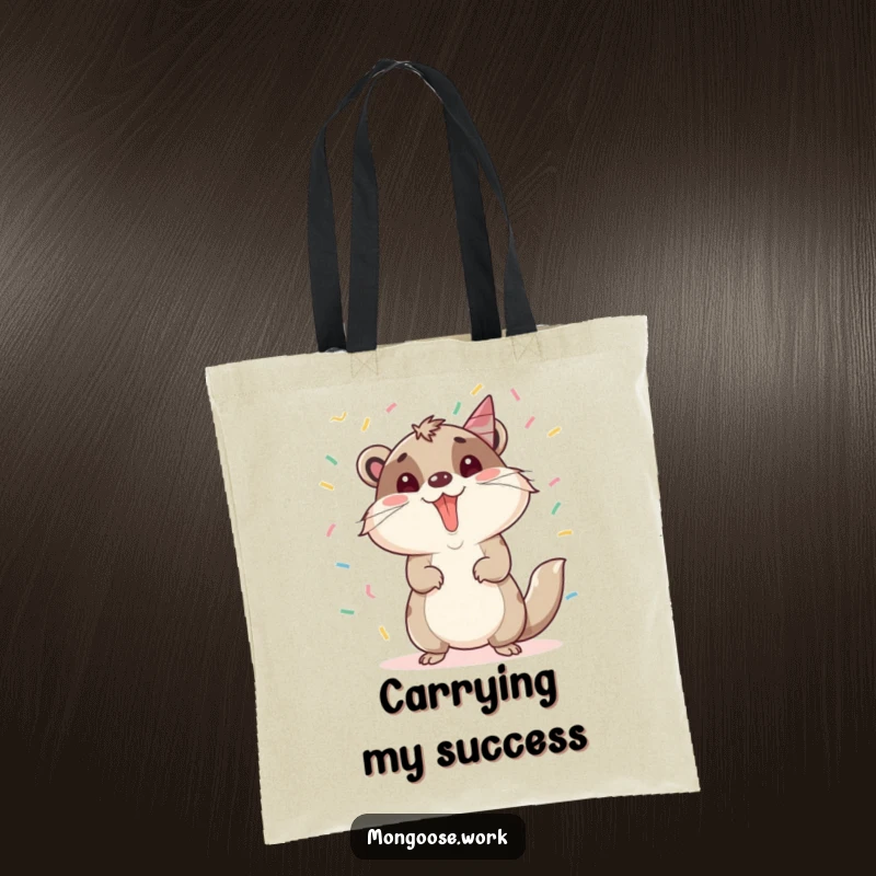 Funny Mongoose Tote Bag: A mongoose celebrating a promotion with confetti, perfect for carrying items with a festive and funny flair.