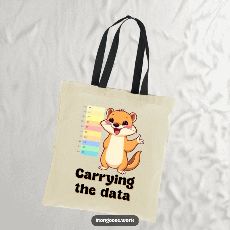 Funny mongoose enthusiastically pointing to a bright, colorful chart on a tote bag, a humorous accessory for data enthusiasts.