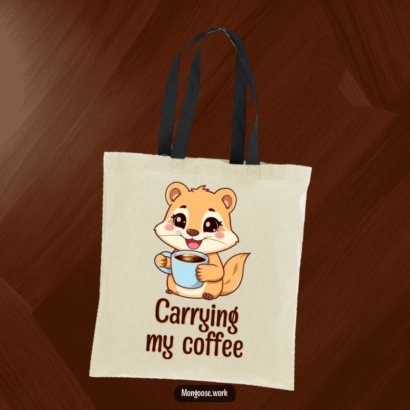 Funny tote bag showing a joyful mongoose character holding a coffee cup with a wide smile, looking determined, great for daily use with humor.