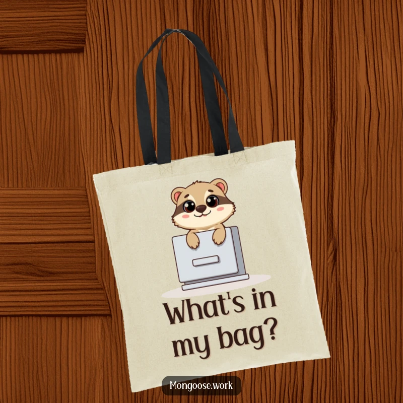 Funny tote bag with a cute mongoose popping out of a filing cabinet with wide eyes, ideal for carrying items with a surprise element.