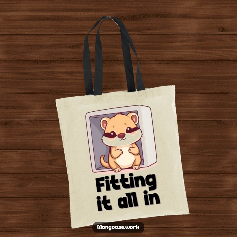 Funny Kawaii mongoose character attempting to fit into a small cubicle, printed on a tote bag, representing office space humor.