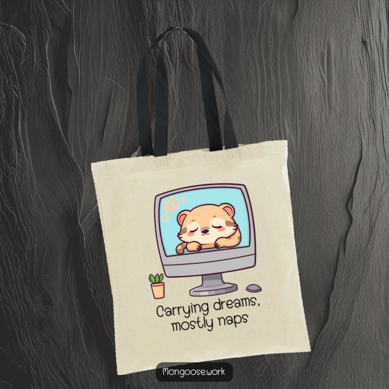 Funny Kawaii mongoose napping on a computer monitor, adorning a durable tote bag, ideal for carrying books or groceries with humor.