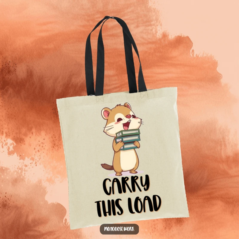 Funny Mongoose busy tote bag featuring a mongoose precariously balancing a stack of files, ideal for carrying work essentials.