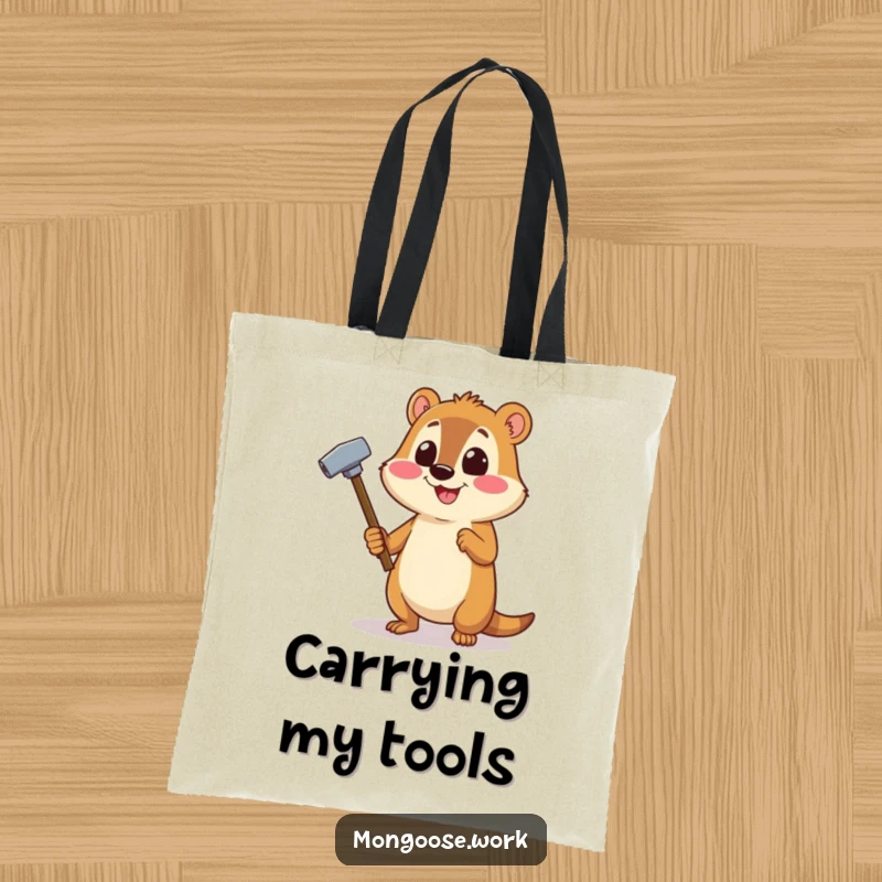 Funny Mongoose DIY tote bag featuring a cheerful mongoose using a stapler like a hammer, ideal for carrying tools.