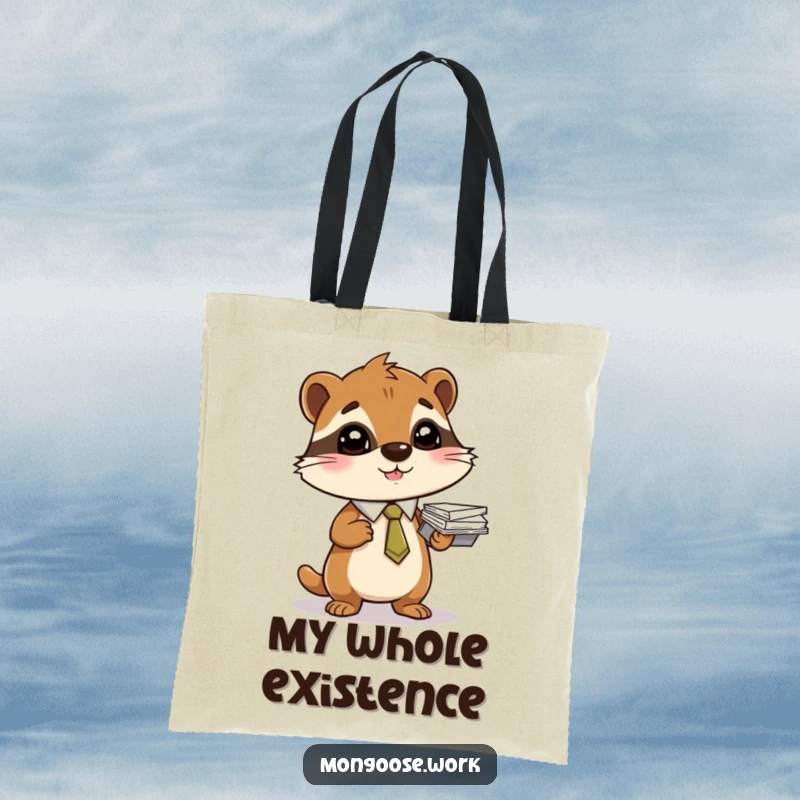 Funny tote bag with a mongoose in a tie balancing a stack of papers, ideal for professionals.