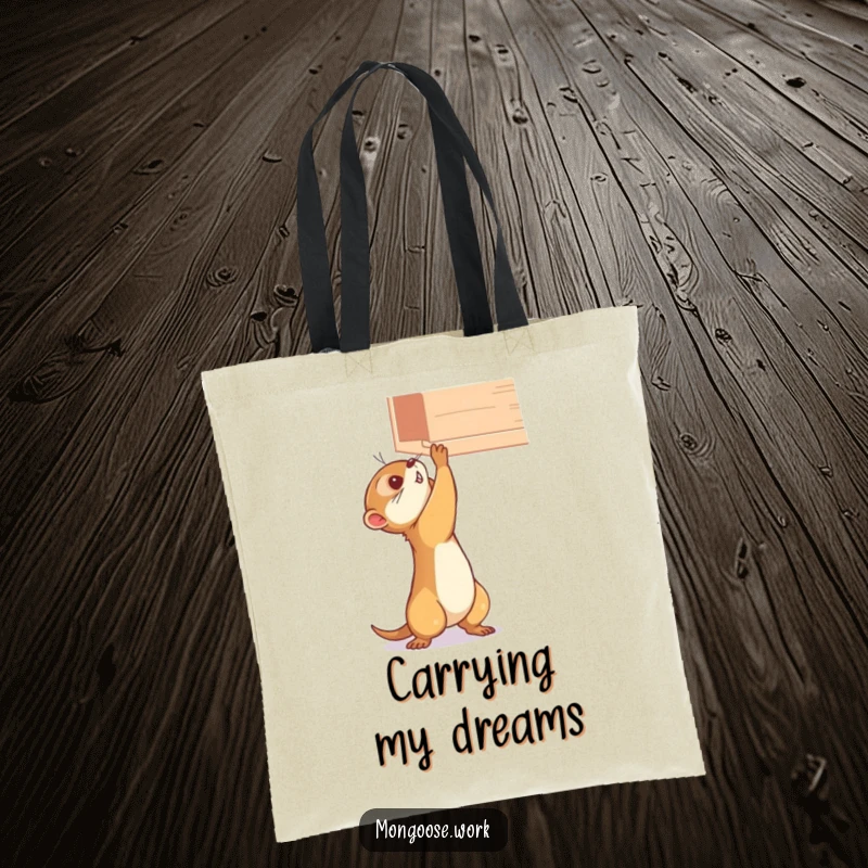 Funny mongoose tote bag, determinedly stretching for a high shelf, a humorous and practical accessory for achievers.