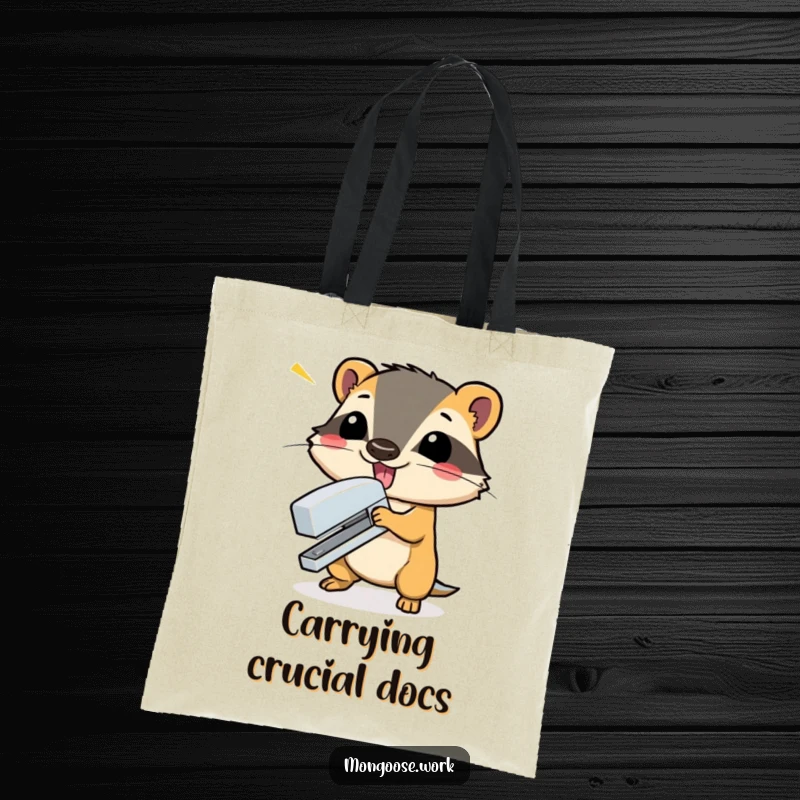 Funny mongoose dramatically closing a stapler with a flourish on a tote bag, a humorous accessory for office life.