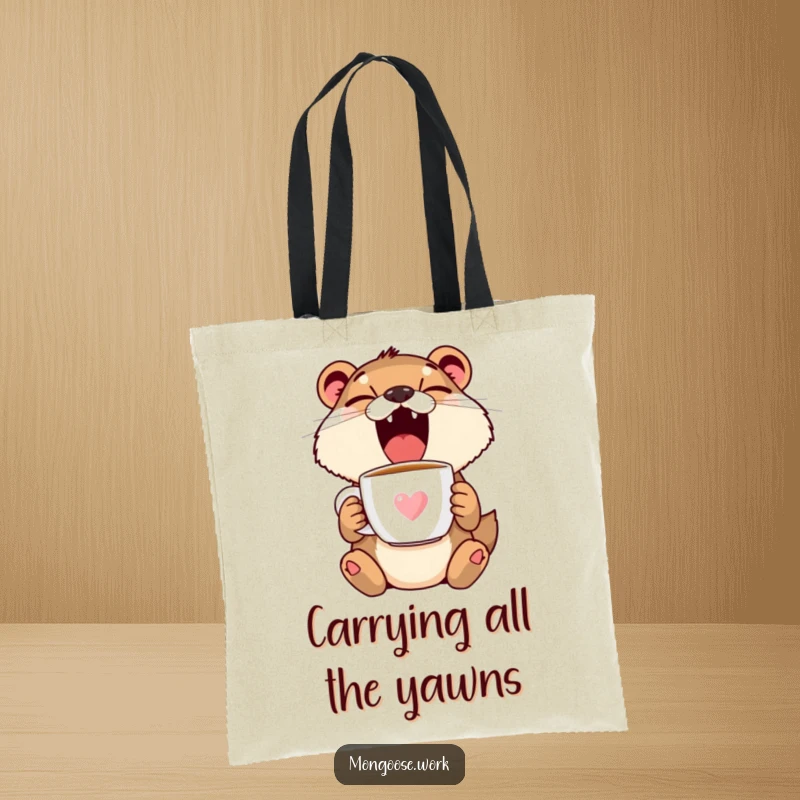Funny Mongoose Yawning Holding Coffee Mug Tote Bag - Cute sleepy animal on a practical bag, charming funny gift.