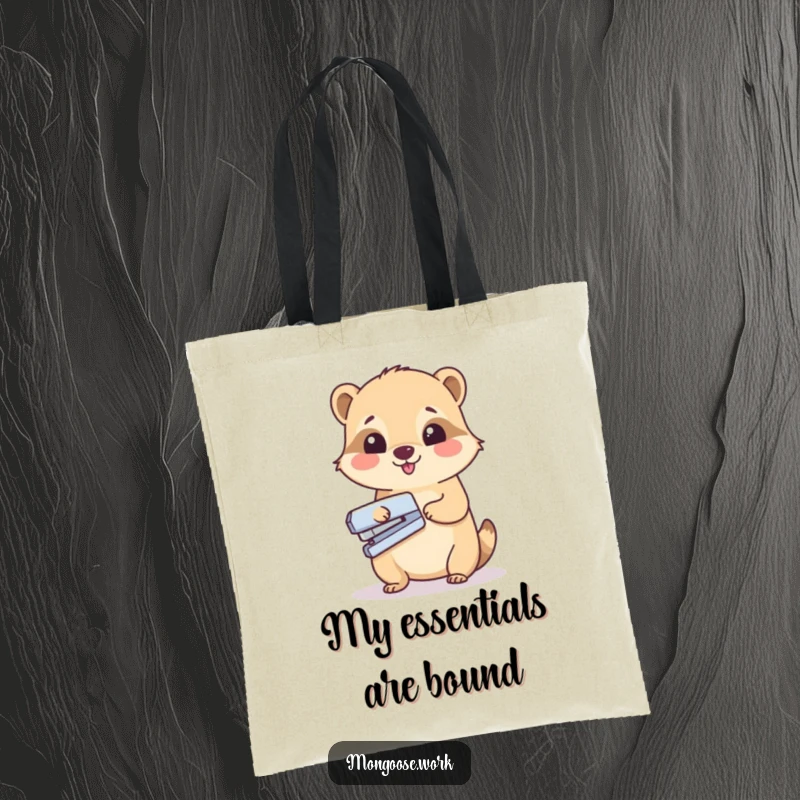 Funny tote bag with a cute mongoose character stapling a paper, perfect for carrying office necessities with a cheerful vibe.