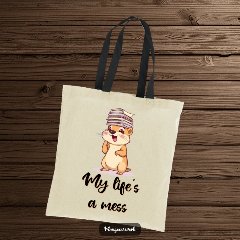 Funny Mongoose Tote Bag: A cheerful mongoose enthusiastically sorting a massive stack of papers, ready for any task.