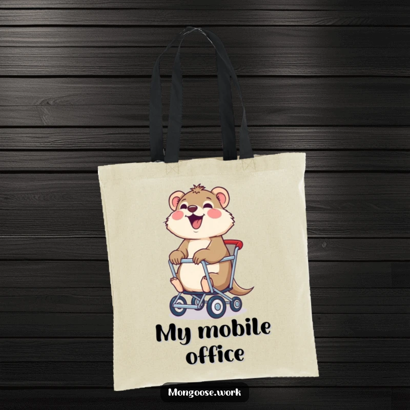 Funny mongoose tote bag, a joyful mongoose being pulled in a rolling chair, perfect for carrying essentials and showcasing playful spirit.