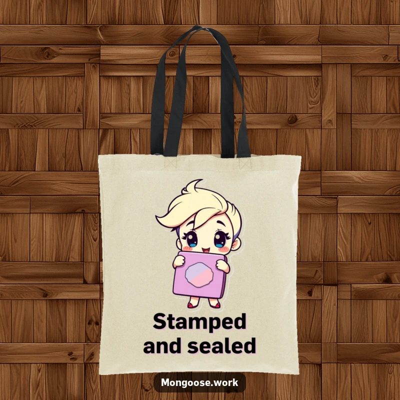 Funny Tote Bag: Winking character holding a giant rubber stamp, perfect for carrying items with a humorous seal of approval.